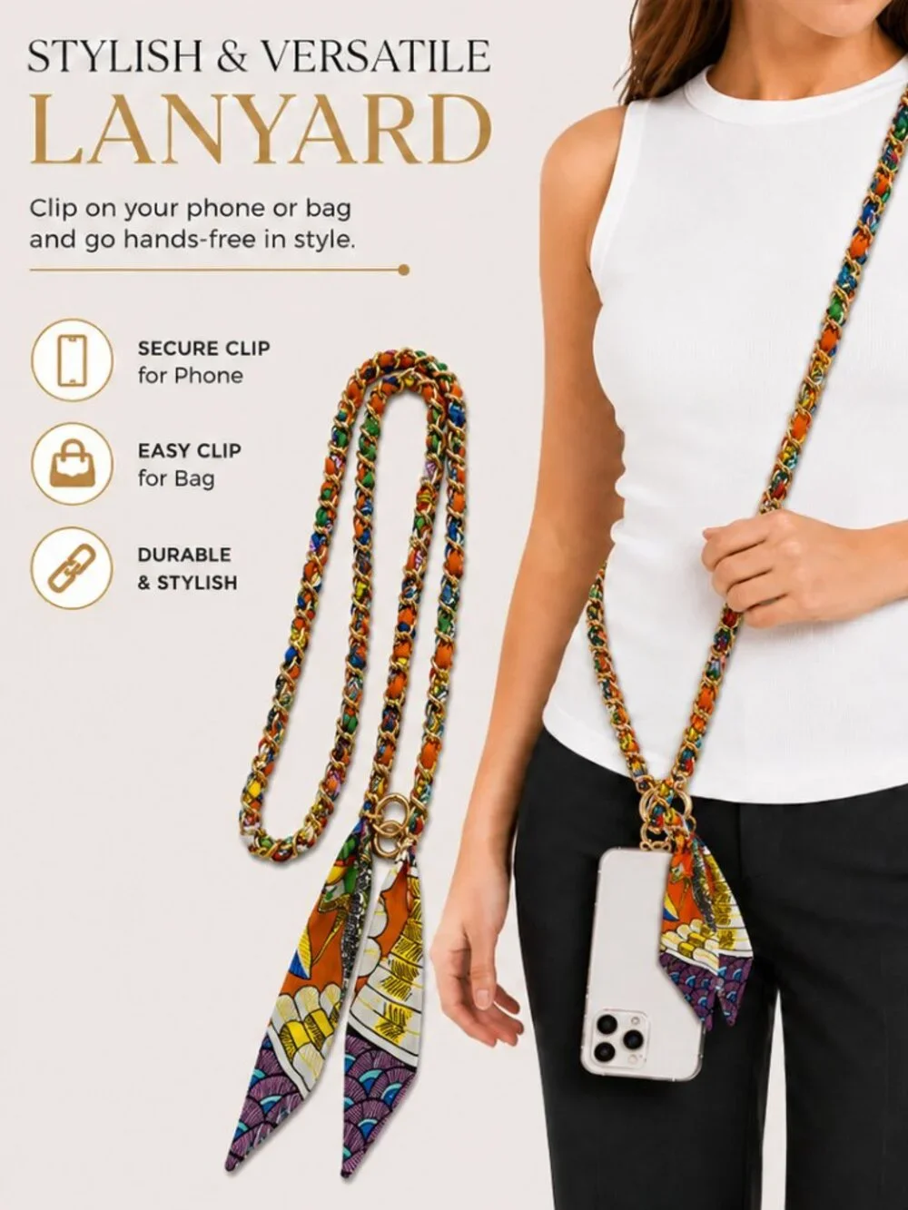 Ribbon Chain Phone Crossbody Lanyard with clear Tether Patch